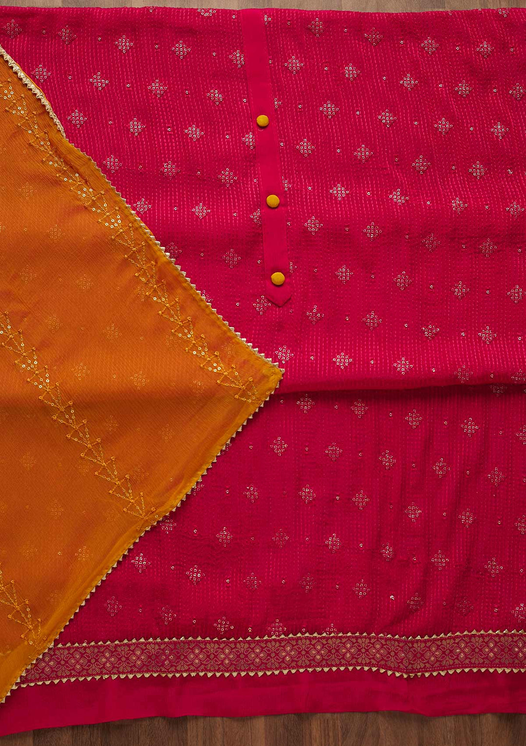 Rani Pink Zariwork Semi Crepe Unstitched Salwar Suit-Koskii