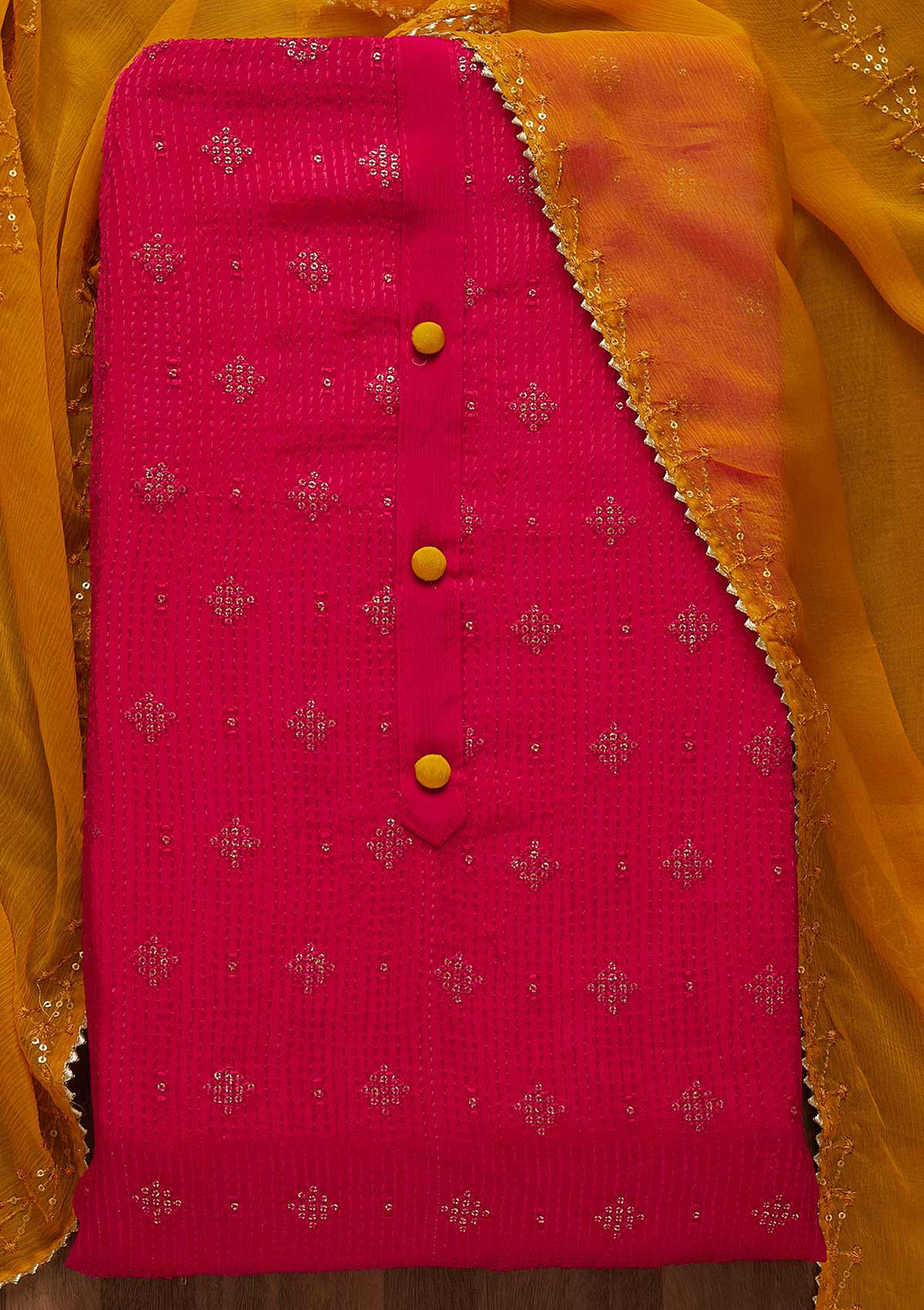 Rani Pink Zariwork Semi Crepe Unstitched Salwar Suit-Koskii