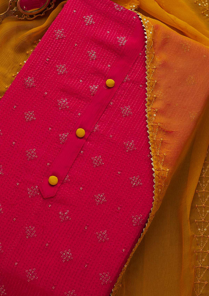 Rani Pink Zariwork Semi Crepe Unstitched Salwar Suit-Koskii