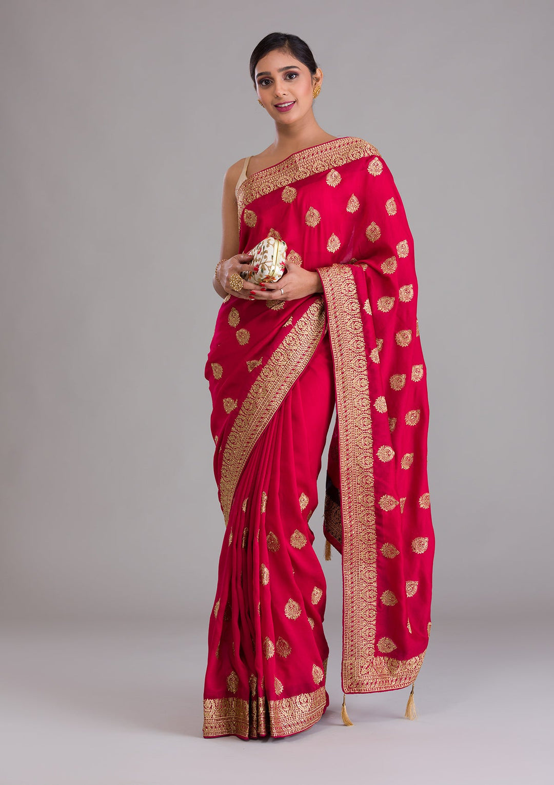 Rani Pink Zariwork Semi Crepe Saree-Koskii