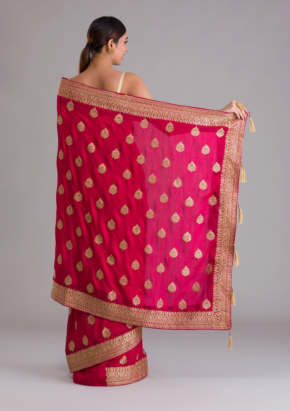 Rani Pink Zariwork Semi Crepe Saree-Koskii