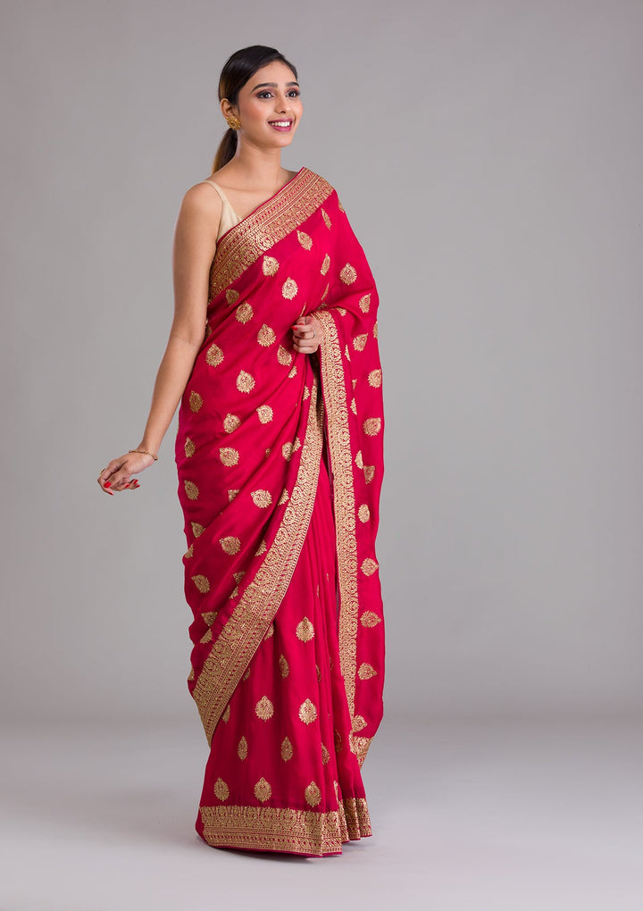 Rani Pink Zariwork Semi Crepe Saree-Koskii