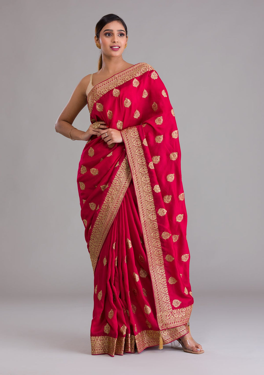 Rani Pink Zariwork Semi Crepe Saree-Koskii