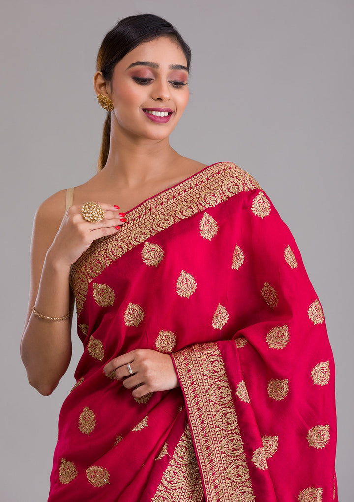 Rani Pink Zariwork Semi Crepe Saree-Koskii