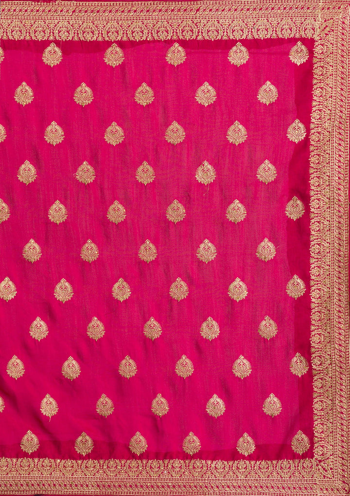 Rani Pink Zariwork Semi Crepe Saree-Koskii