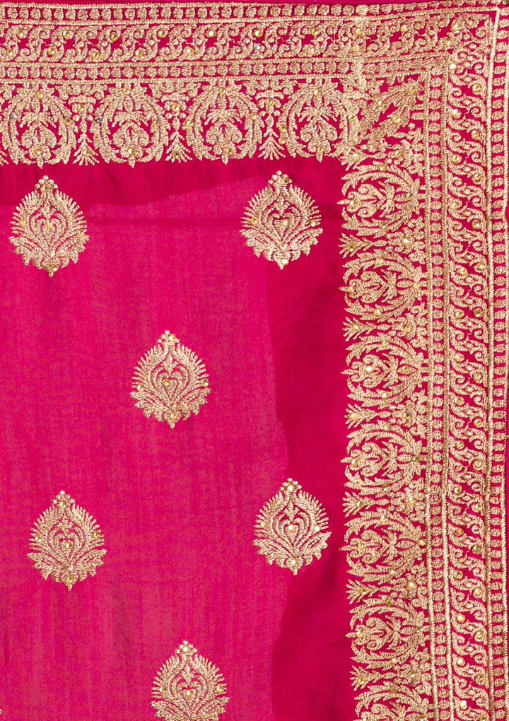 Rani Pink Zariwork Semi Crepe Saree-Koskii