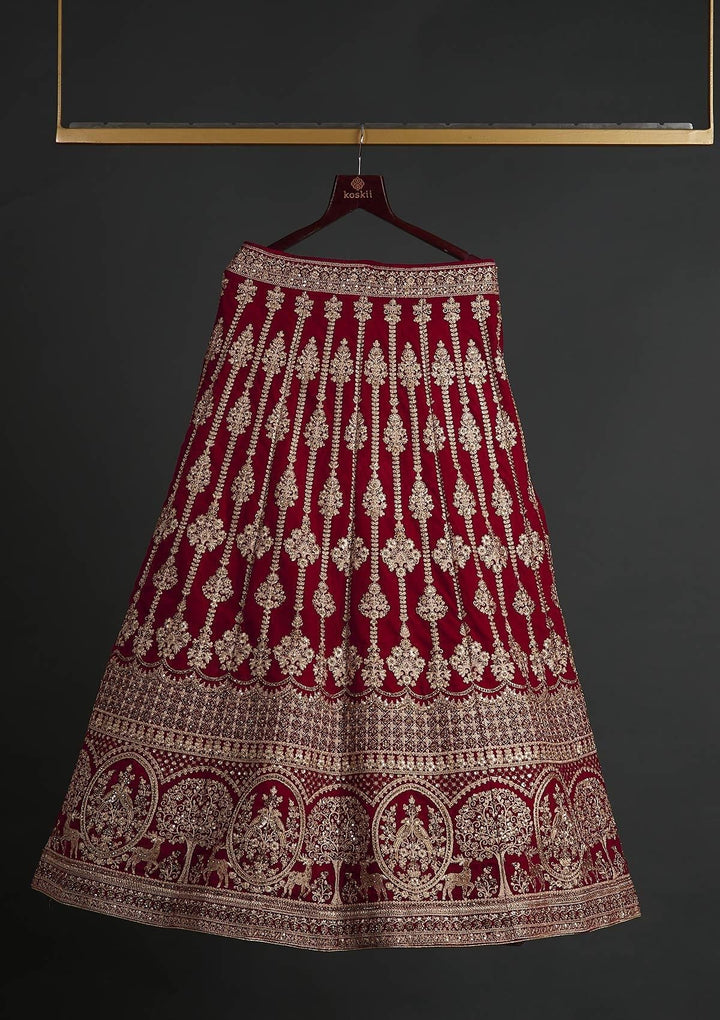 Rani Pink Zariwork Velvet Designer Semi-Stitched Lehenga - koskii