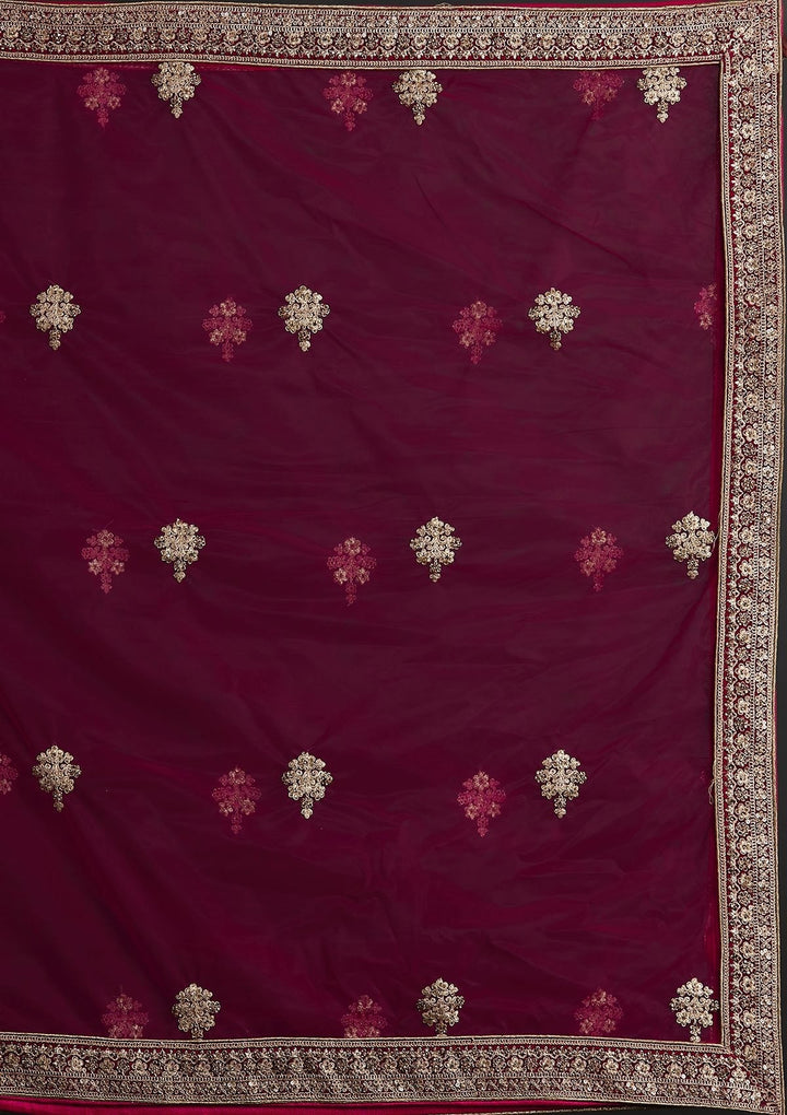 Rani Pink Zariwork Velvet Designer Semi-Stitched Lehenga - koskii