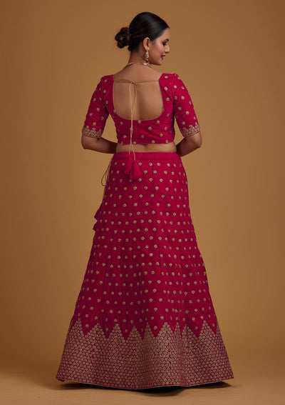 Rani Pink Zariwork Velvet Designer Semi-Stitched Lehenga - koskii