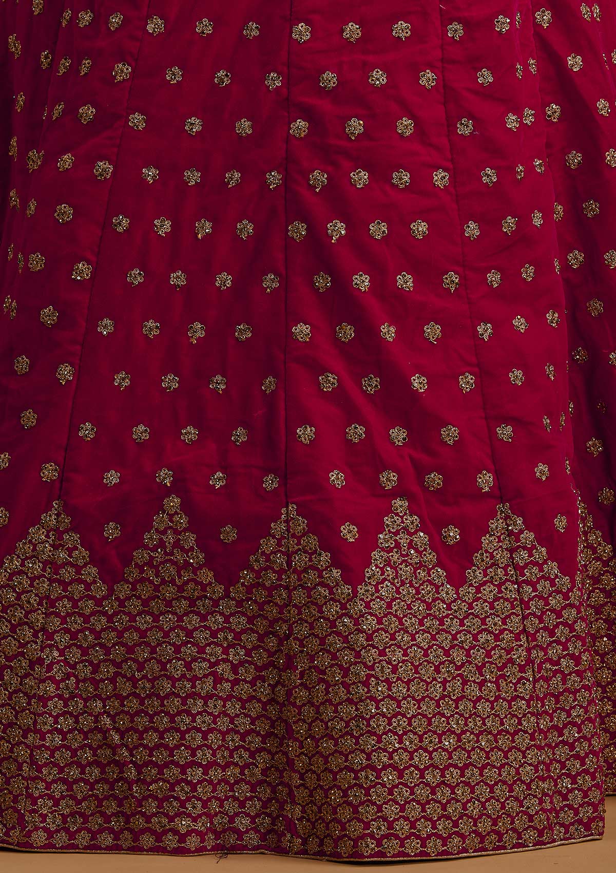 Rani Pink Zariwork Velvet Designer Semi-Stitched Lehenga - koskii