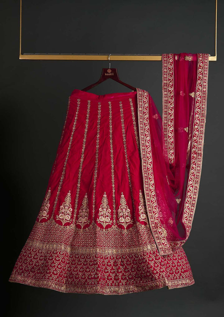 Rani Pink Zariwork Velvet Designer Semi-Stitched Lehenga - koskii