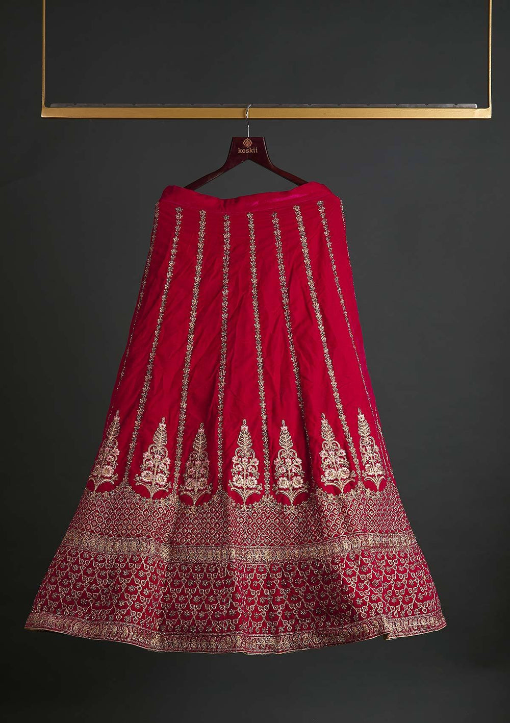Rani Pink Zariwork Velvet Designer Semi-Stitched Lehenga - koskii