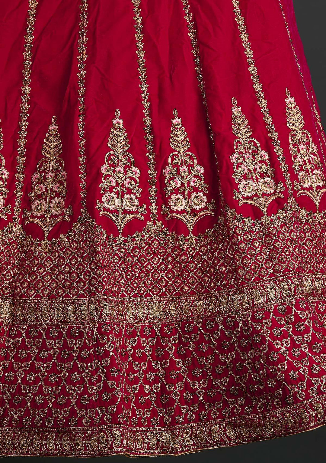 Rani Pink Zariwork Velvet Designer Semi-Stitched Lehenga - koskii