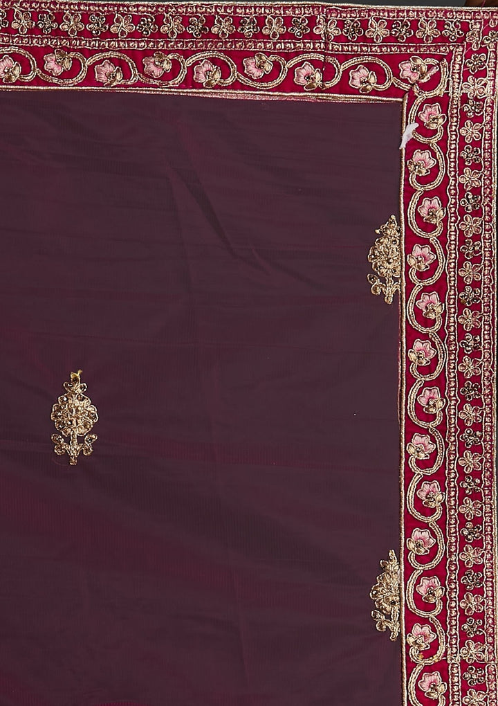 Rani Pink Zariwork Velvet Designer Semi-Stitched Lehenga - koskii