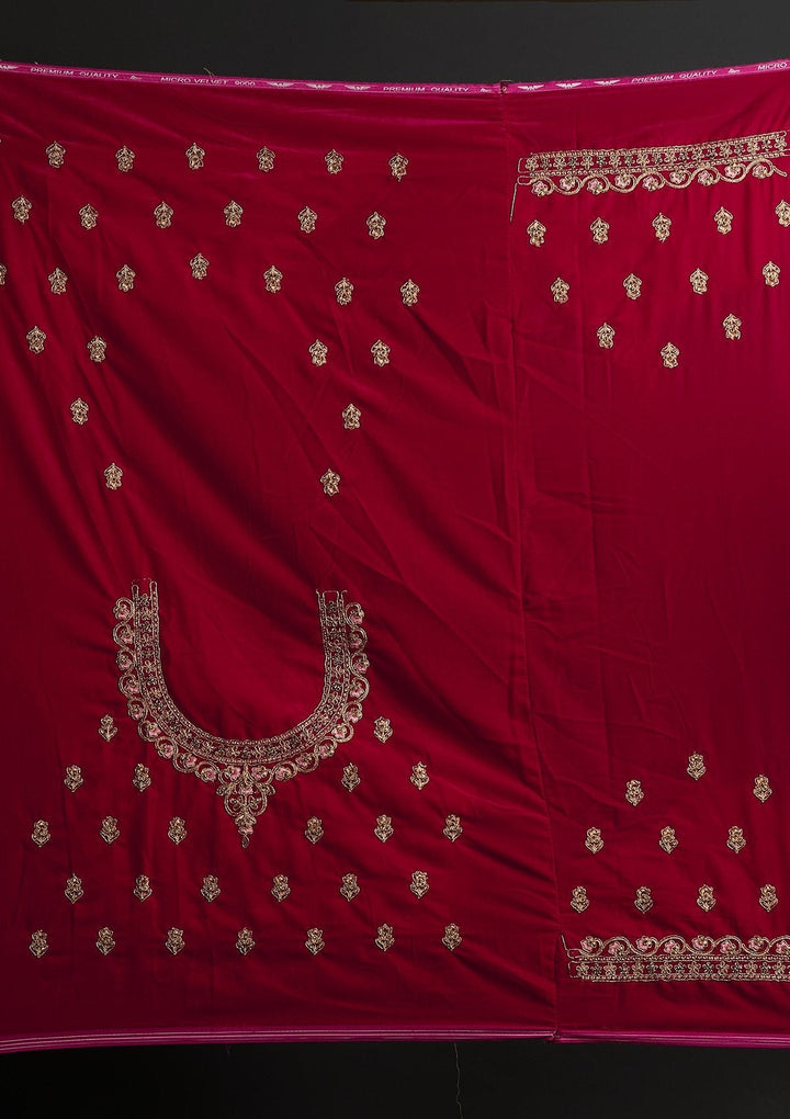 Rani Pink Zariwork Velvet Designer Semi-Stitched Lehenga - koskii