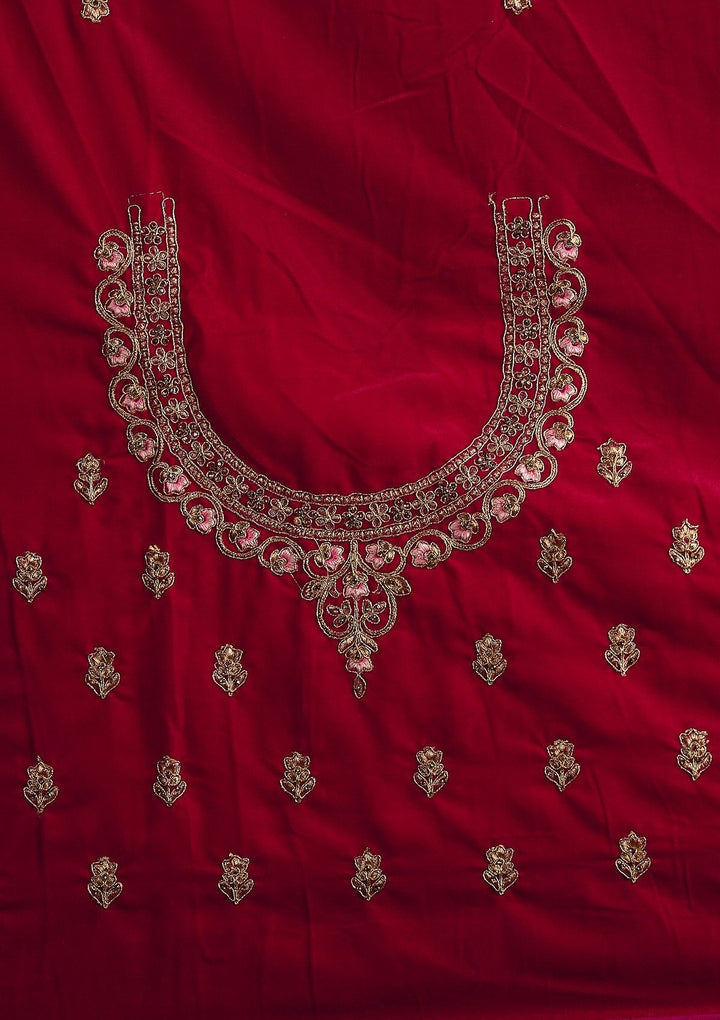 Rani Pink Zariwork Velvet Designer Semi-Stitched Lehenga - koskii