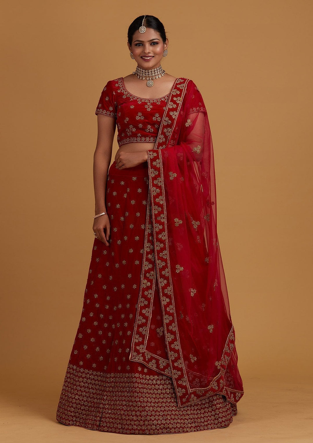 Rani Pink Zariwork Velvet Designer Semi-Stitched Lehenga - Koskii
