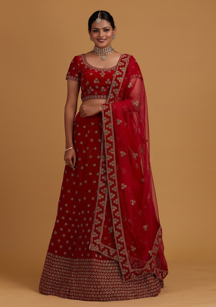 Rani Pink Zariwork Velvet Designer Semi-Stitched Lehenga - Koskii