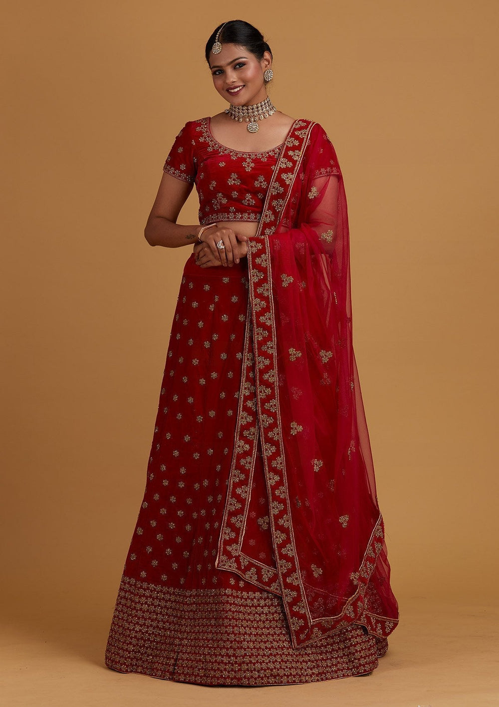 Rani Pink Zariwork Velvet Designer Semi-Stitched Lehenga - Koskii