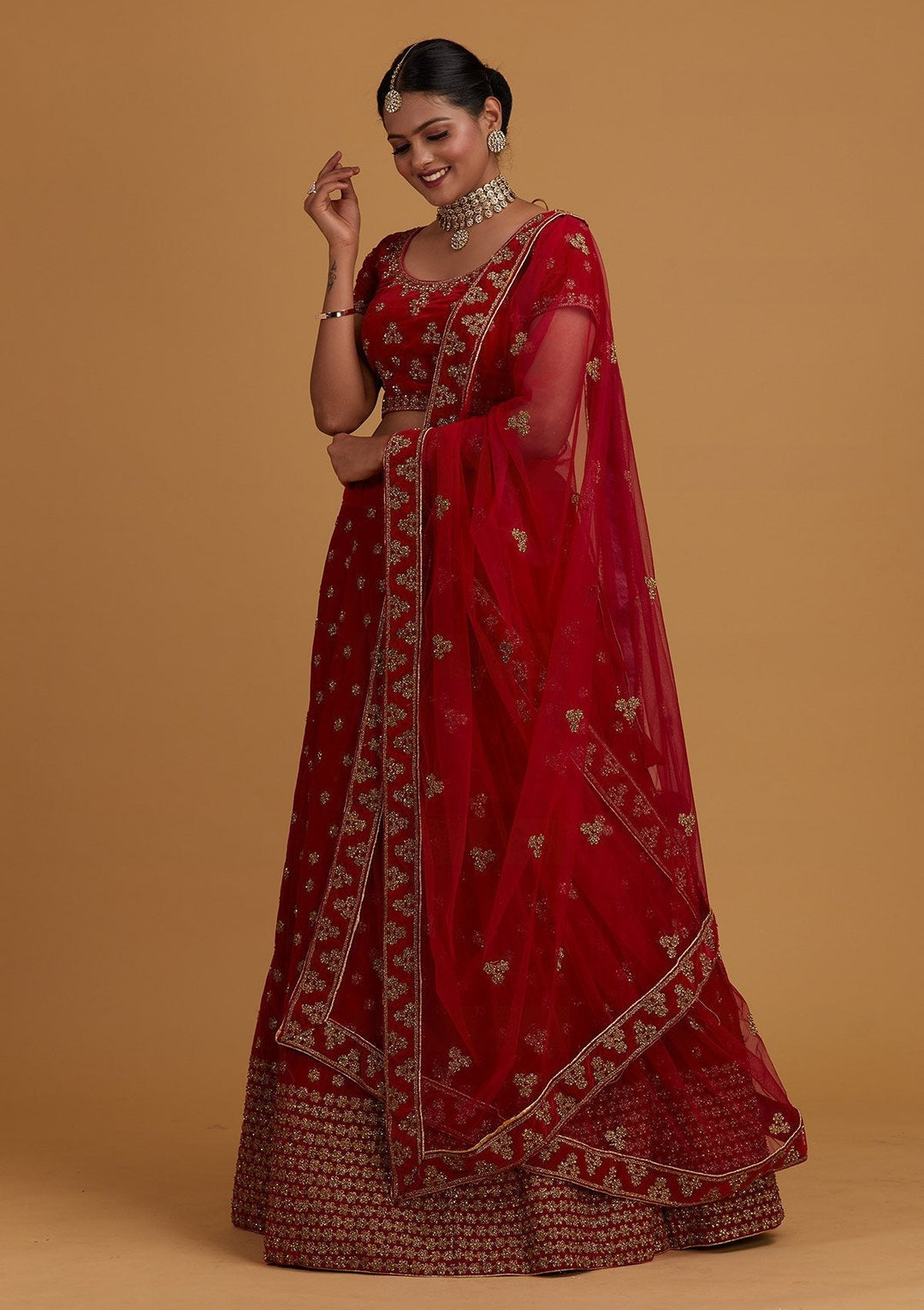Rani Pink Zariwork Velvet Designer Semi-Stitched Lehenga - Koskii
