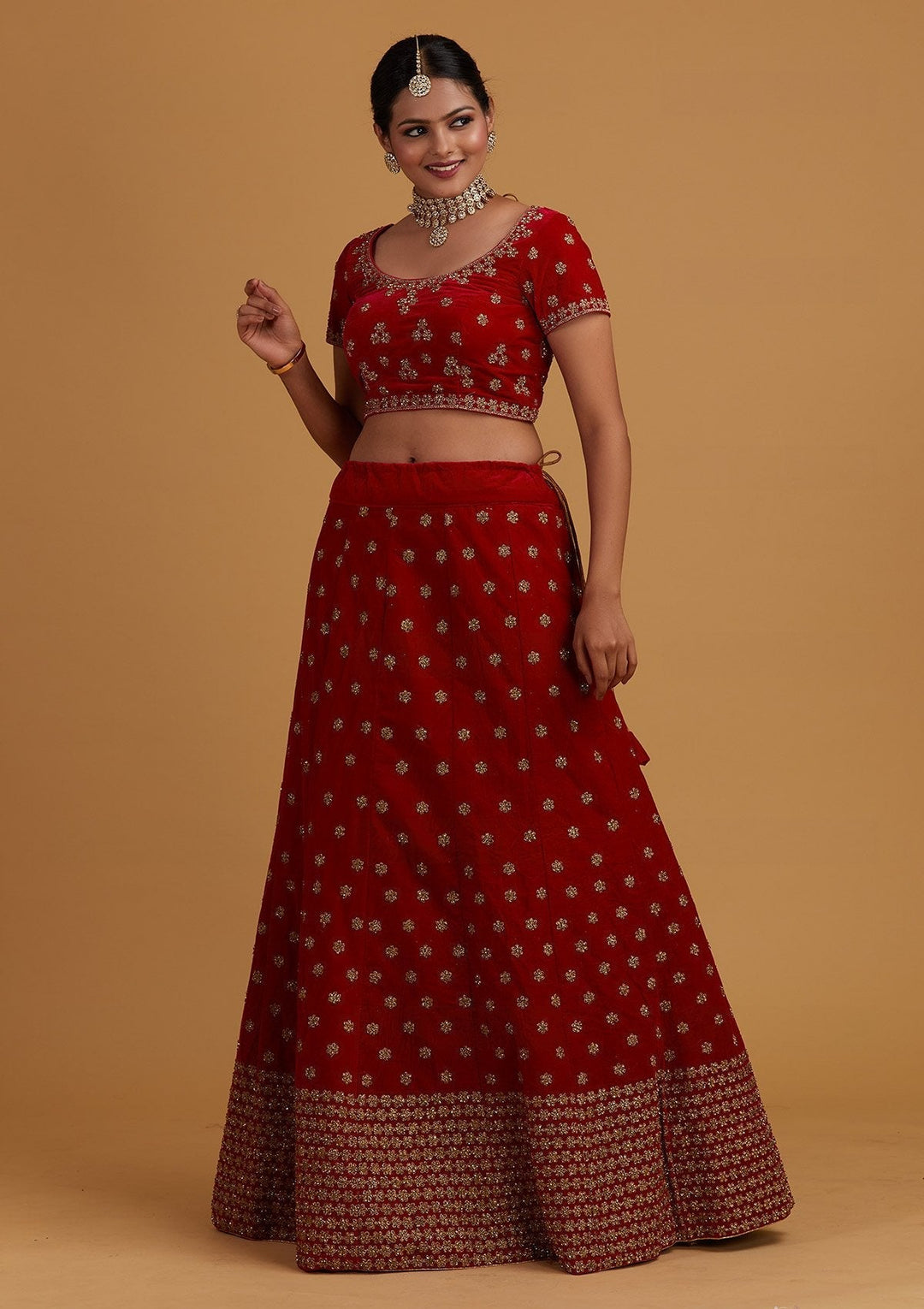 Rani Pink Zariwork Velvet Designer Semi-Stitched Lehenga - Koskii