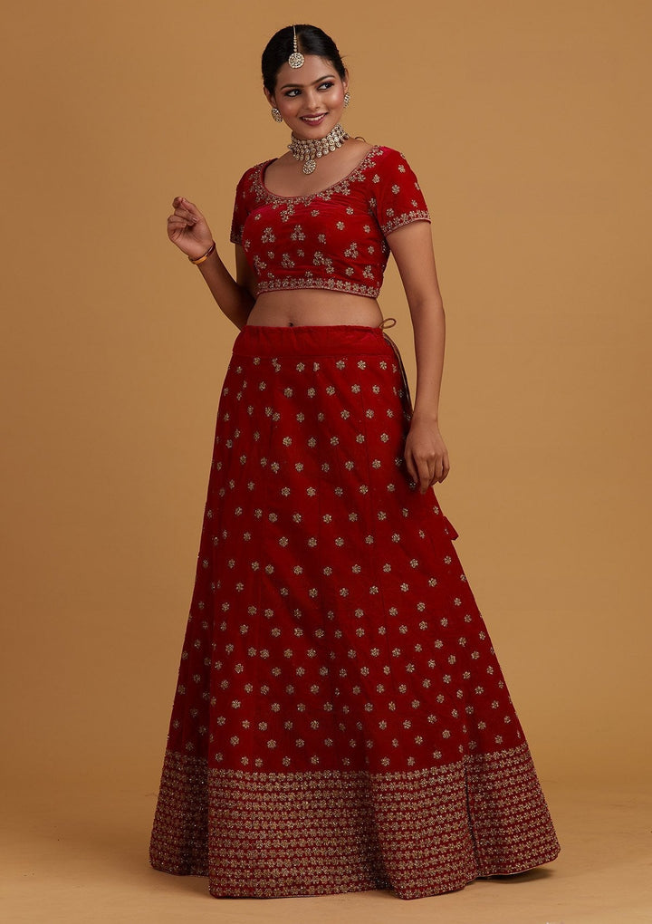 Rani Pink Zariwork Velvet Designer Semi-Stitched Lehenga - Koskii