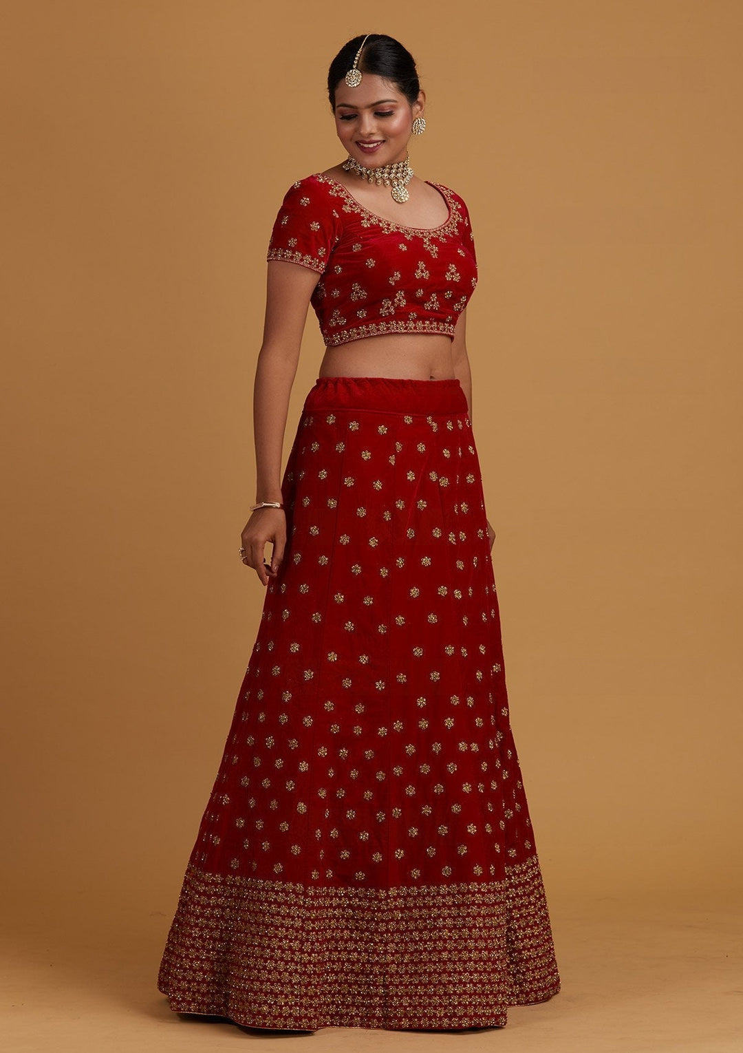 Rani Pink Zariwork Velvet Designer Semi-Stitched Lehenga - Koskii