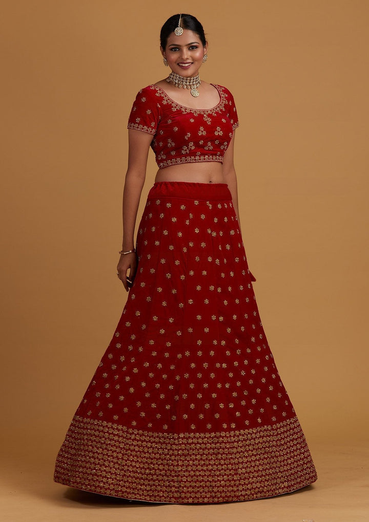 Rani Pink Zariwork Velvet Designer Semi-Stitched Lehenga - Koskii