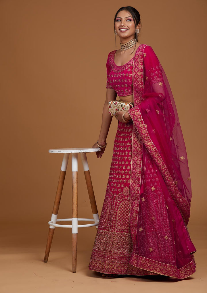 Rani Pink Zariwork Velvet Designer Lehenga-Koskii