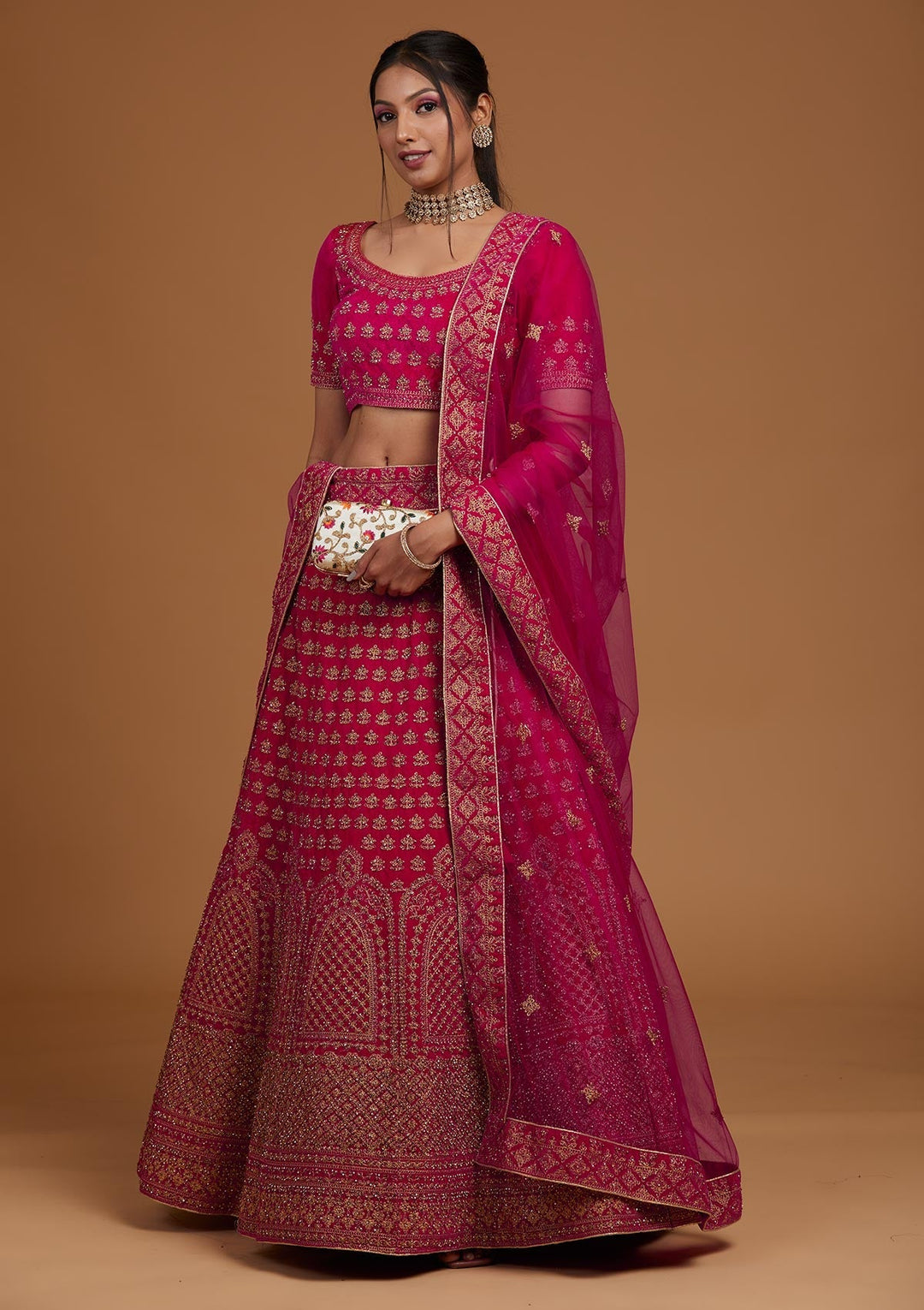 Rani Pink Zariwork Velvet Designer Lehenga-Koskii