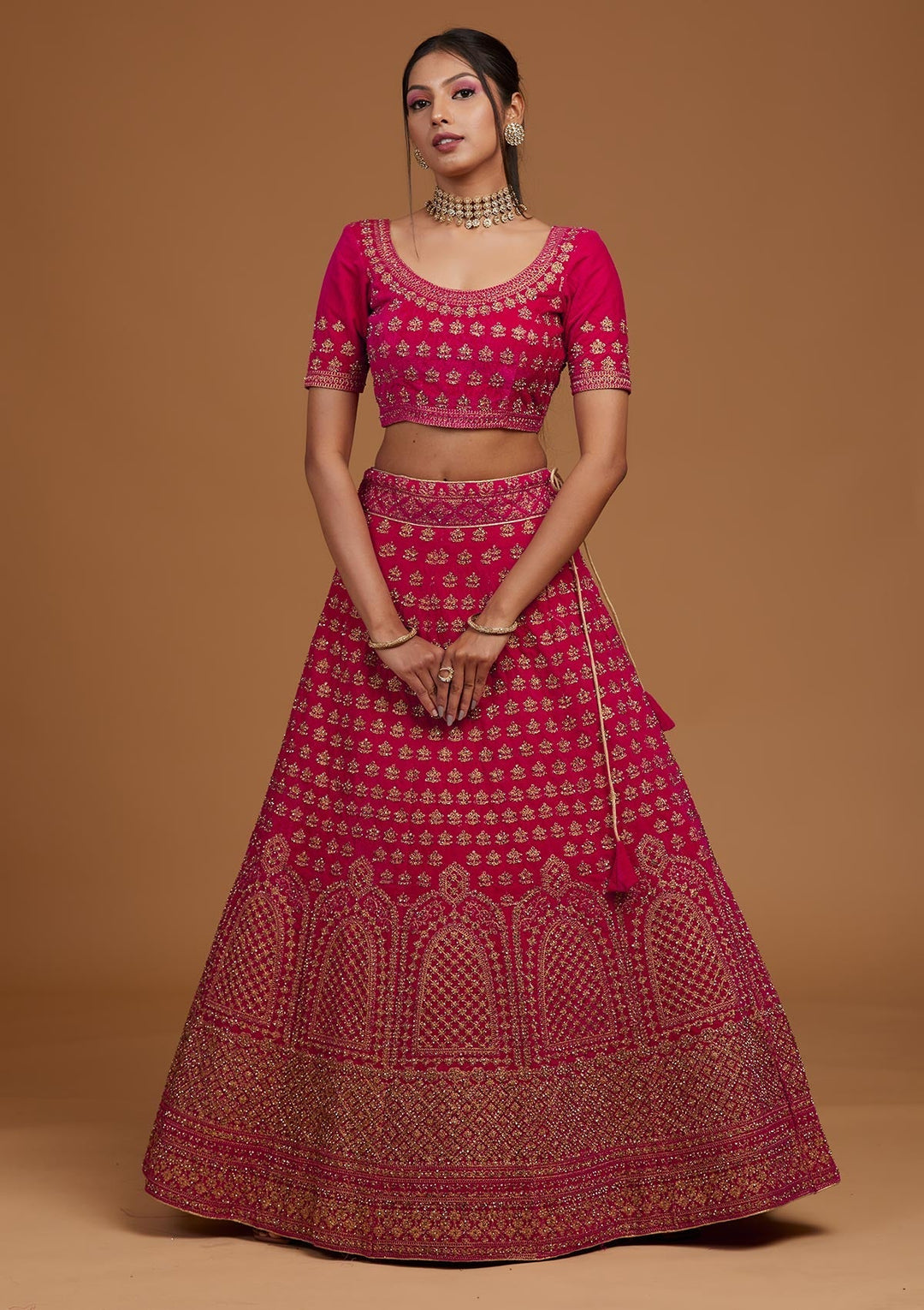 Rani Pink Zariwork Velvet Designer Lehenga-Koskii