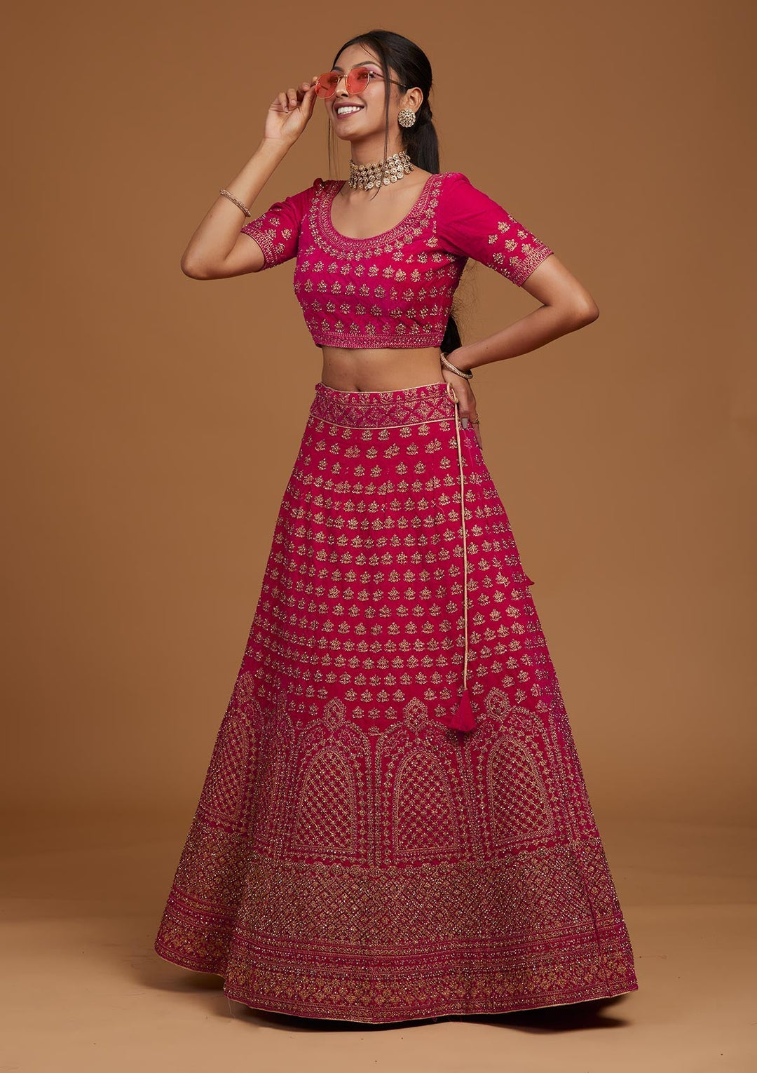 Rani Pink Zariwork Velvet Designer Lehenga-Koskii