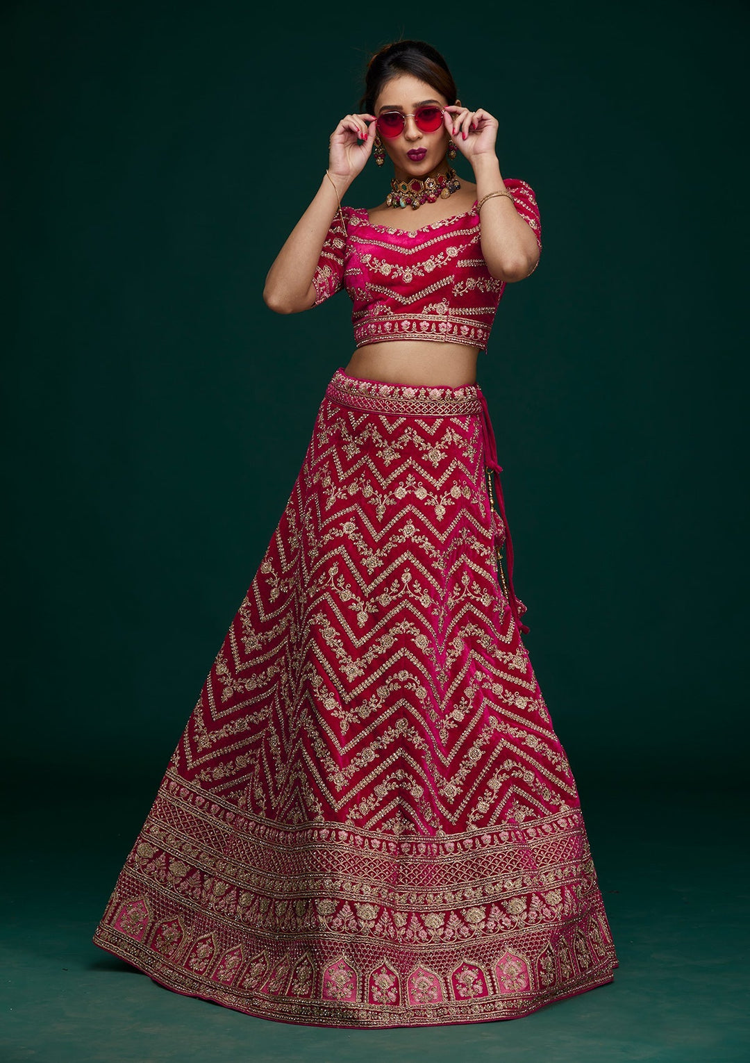 Rani Pink Zariwork Velvet Designer Lehenga- Koskii