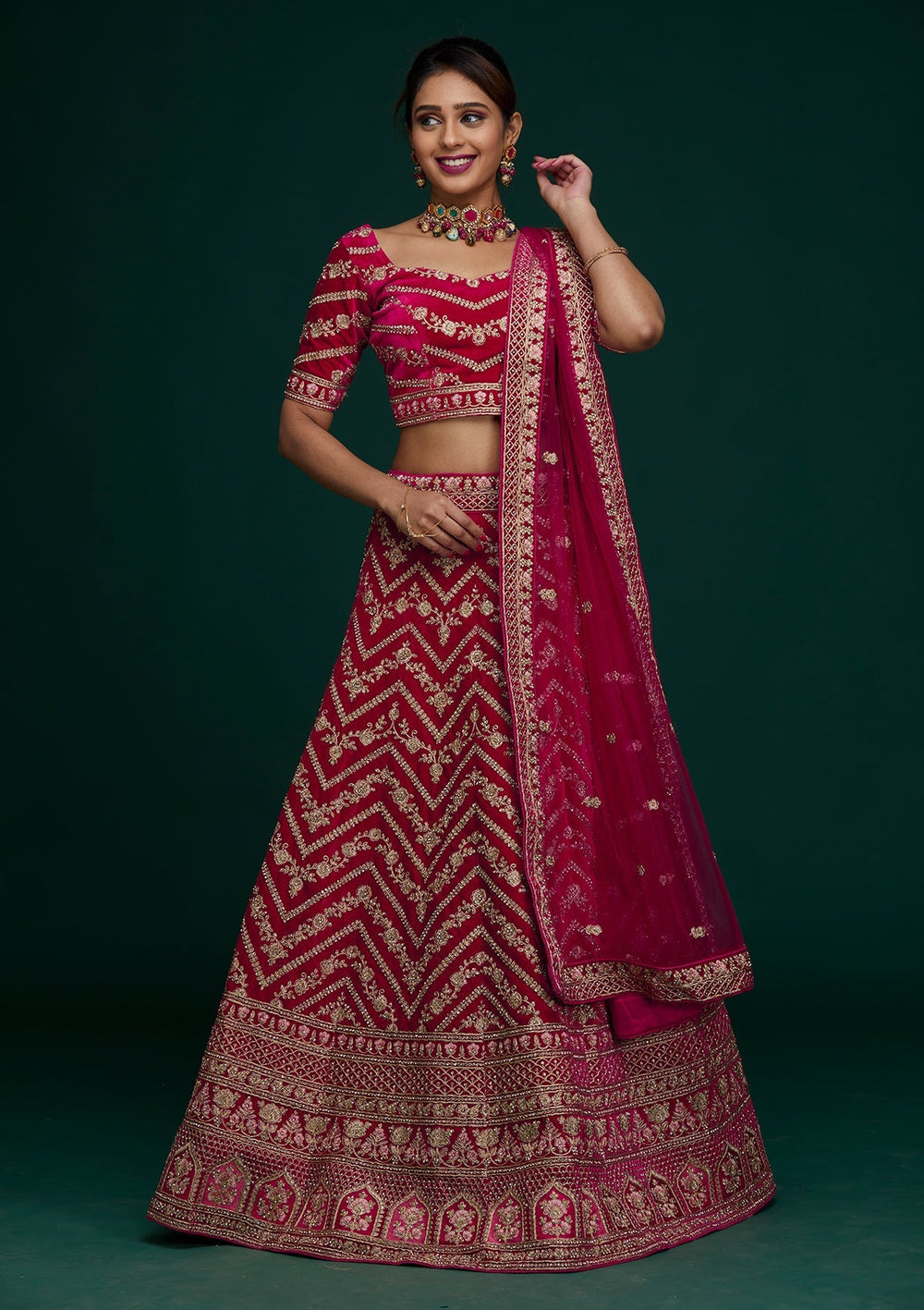 Rani Pink Zariwork Velvet Designer Lehenga - Koskii