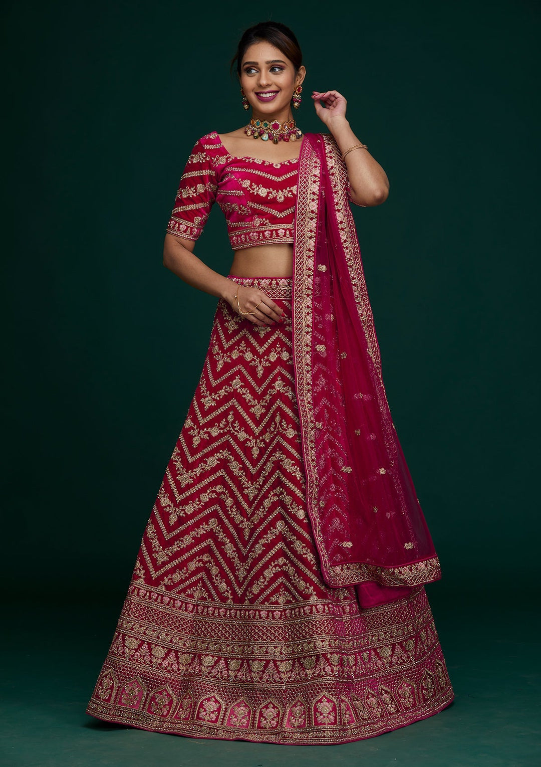 Rani Pink Zariwork Velvet Designer Lehenga - Koskii