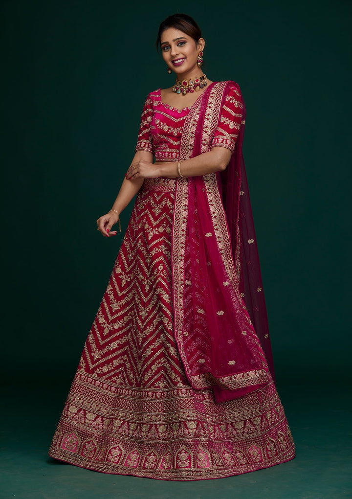 Rani Pink Zariwork Velvet Designer Lehenga - Koskii