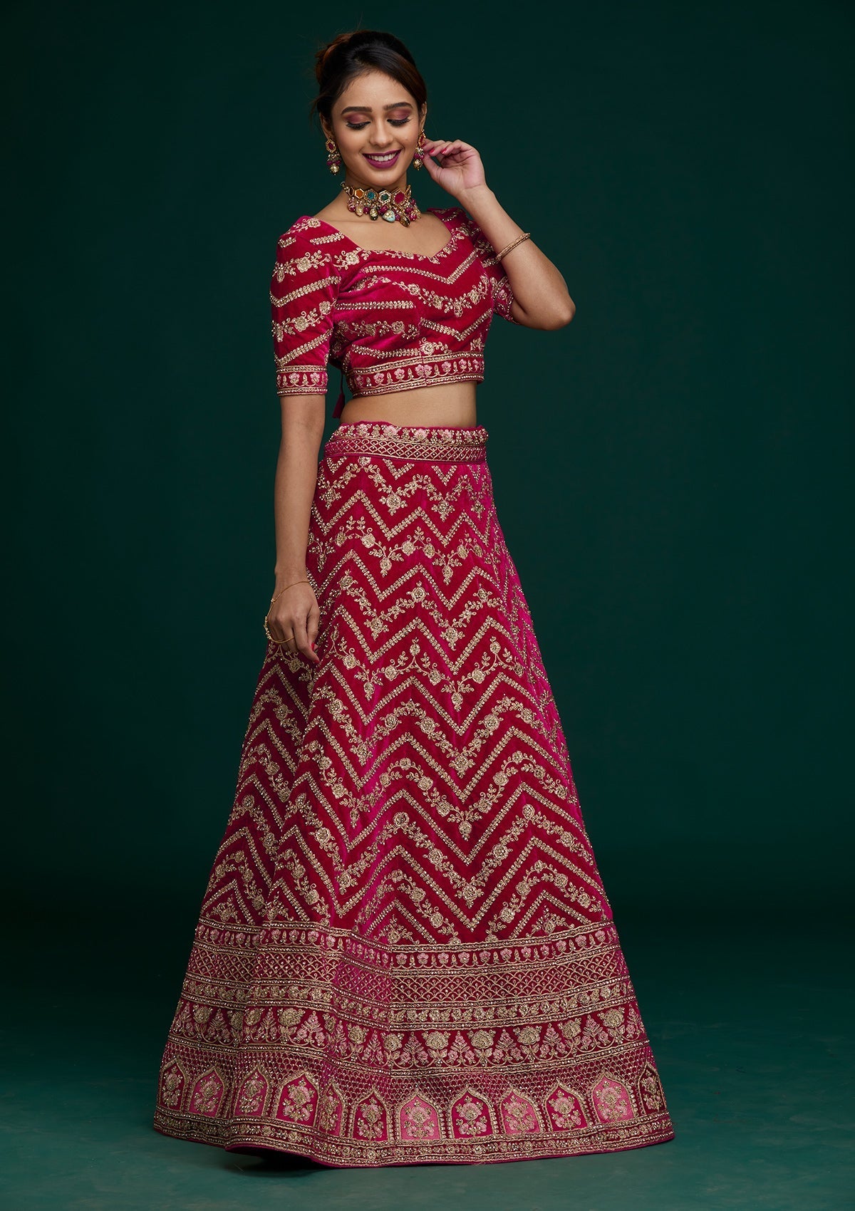 Rani Pink Zariwork Velvet Designer Lehenga - Koskii