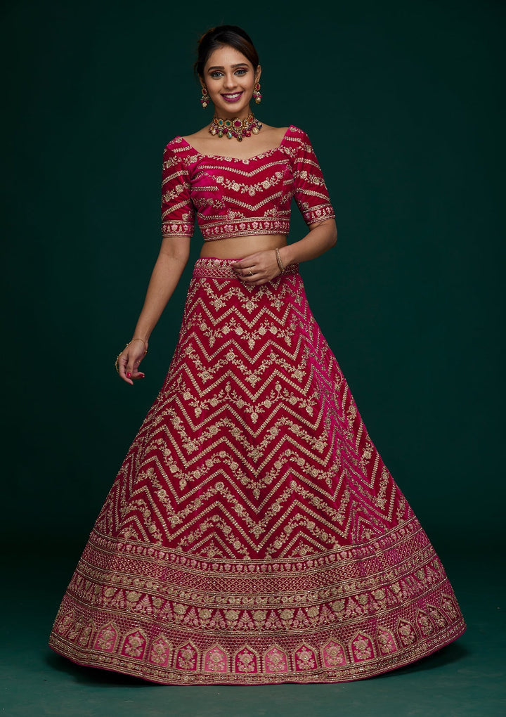 Rani Pink Zariwork Velvet Designer Lehenga - Koskii