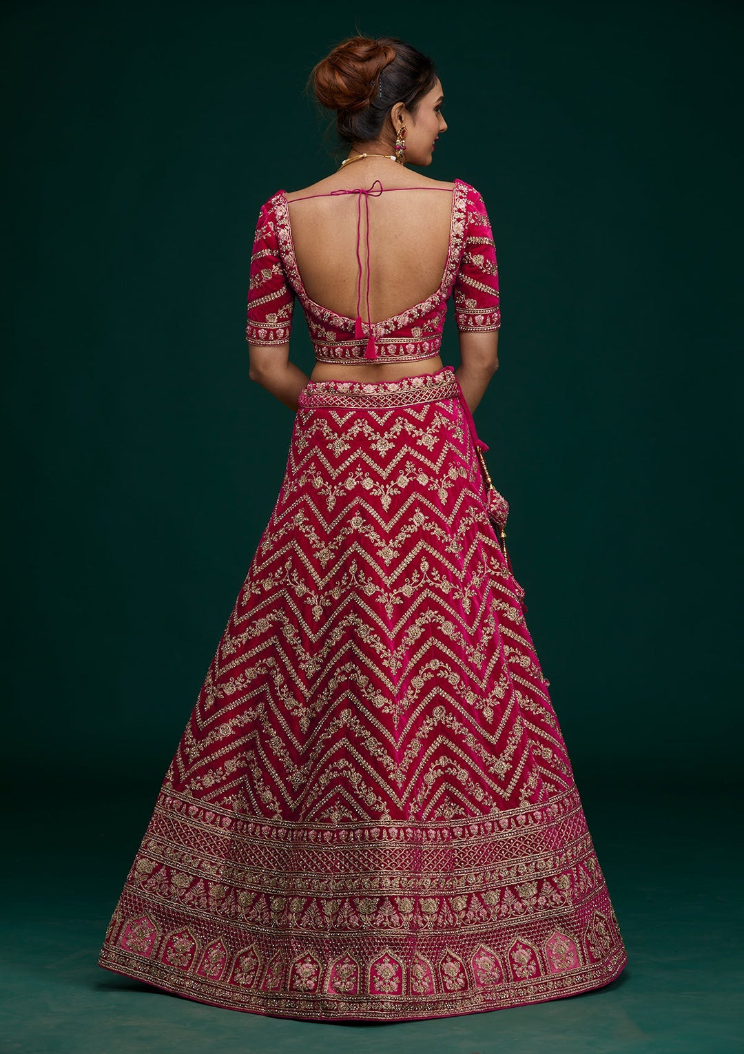 Rani Pink Zariwork Velvet Designer Lehenga - Koskii
