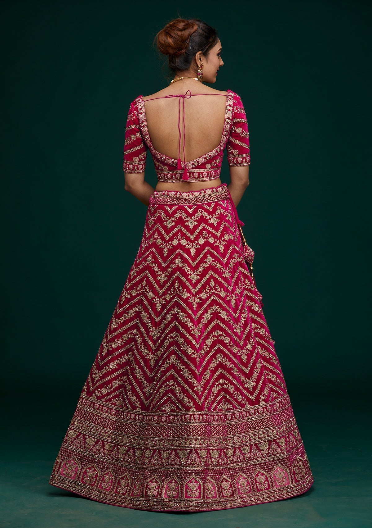 Rani Pink Zariwork Velvet Designer Lehenga - Koskii