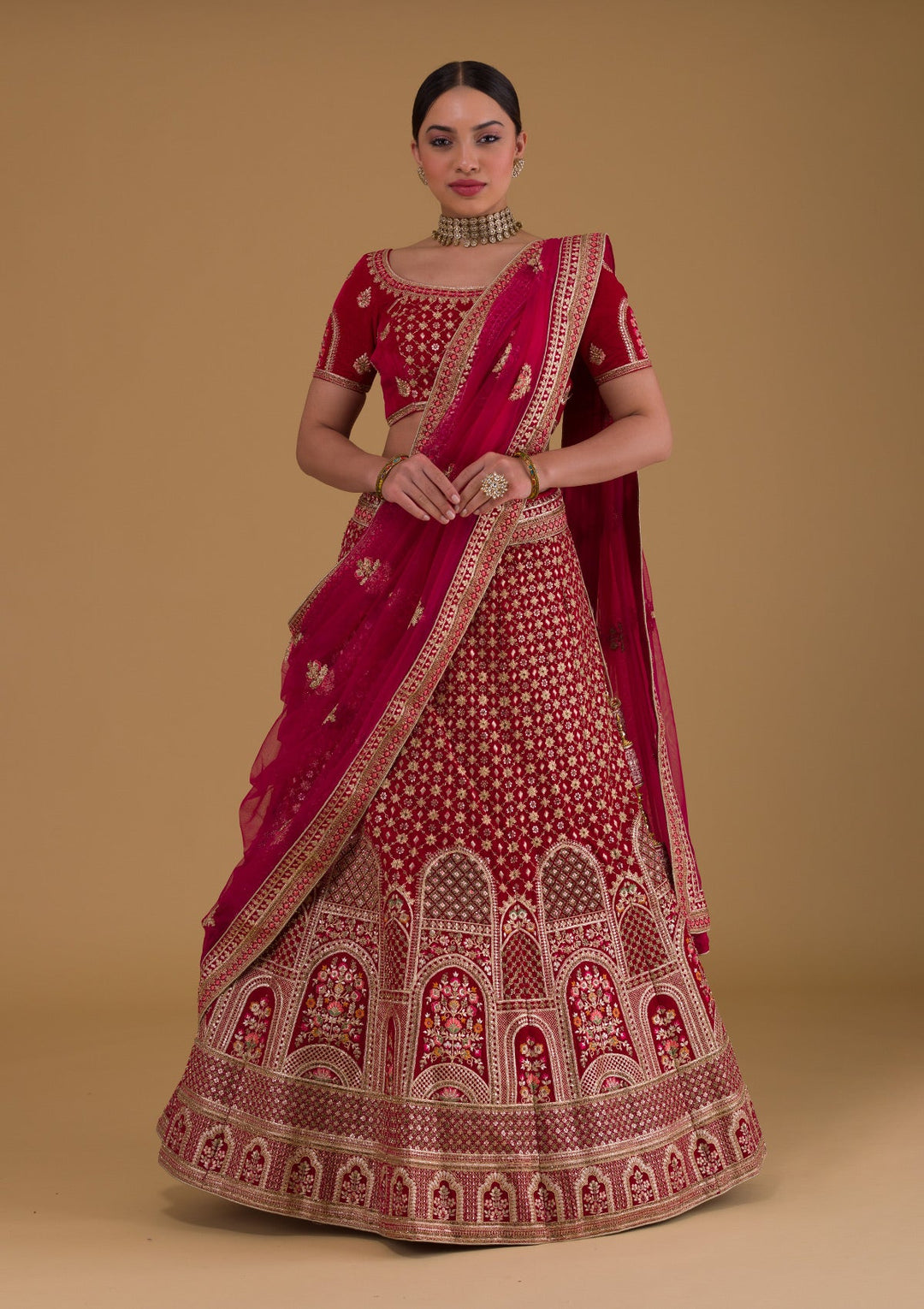 Rani Pink Zariwork Velvet Designer Lehenga-Koskii