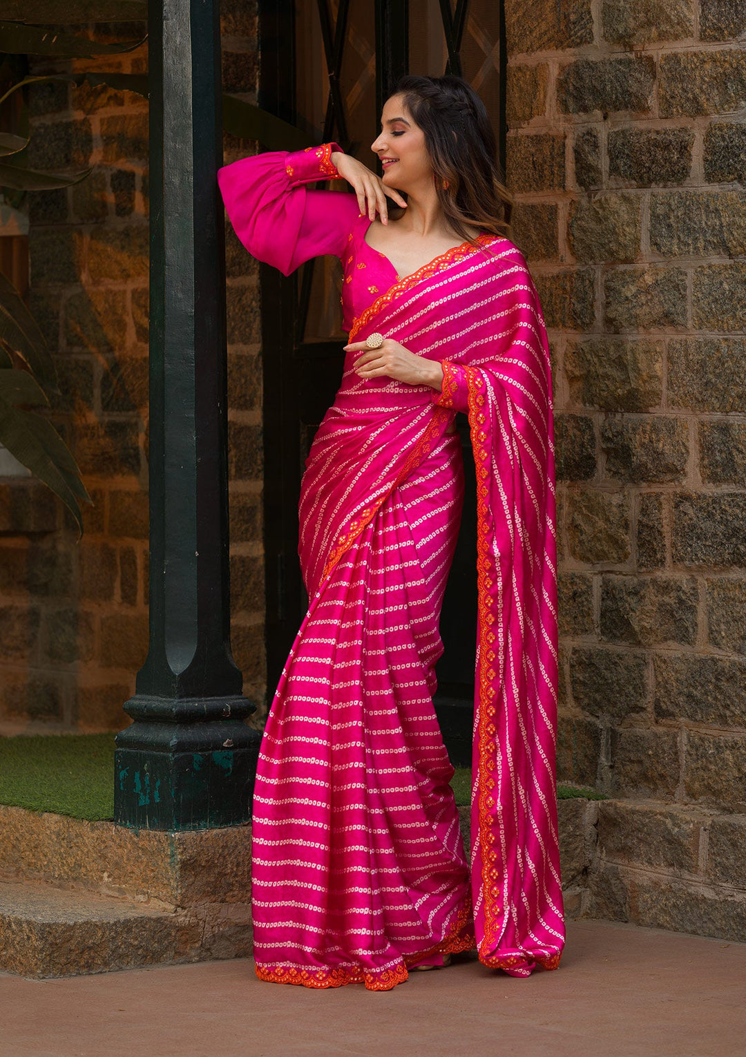 Rani Pink Bandhani Satin Saree-Koskii