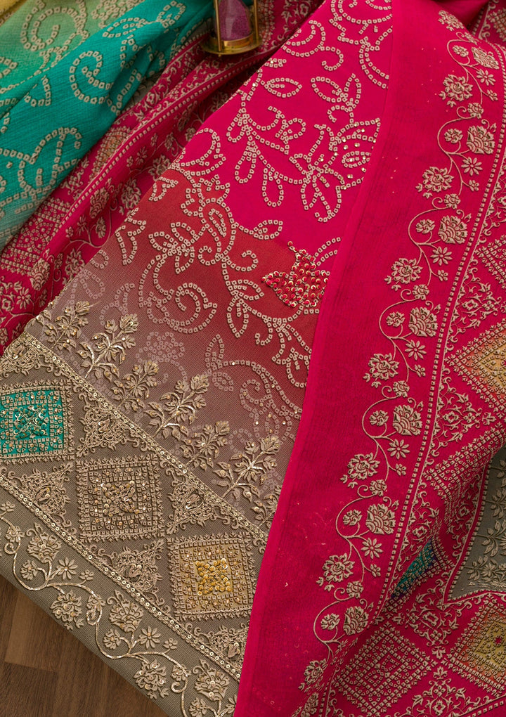 Rani Pink Bandhani Crepe Unstitched Salwar Kameez-Koskii