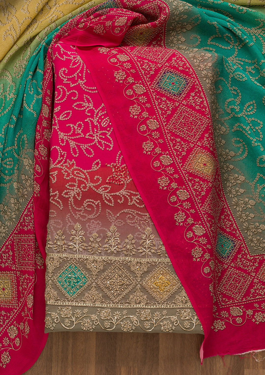 Rani Pink Bandhani Crepe Unstitched Salwar Kameez-Koskii