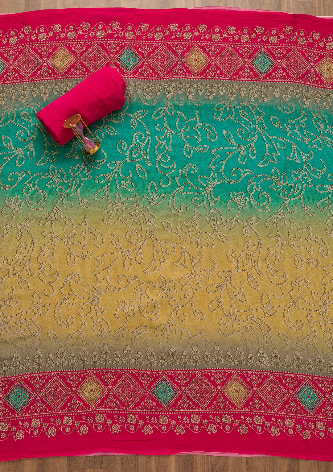 Rani Pink Bandhani Crepe Unstitched Salwar Kameez-Koskii