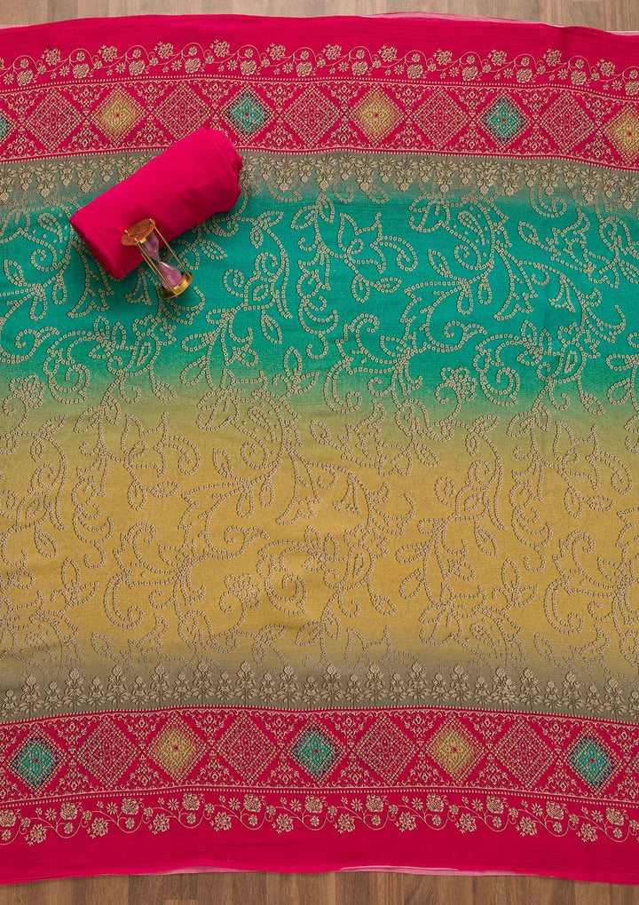 Rani Pink Bandhani Crepe Unstitched Salwar Kameez-Koskii