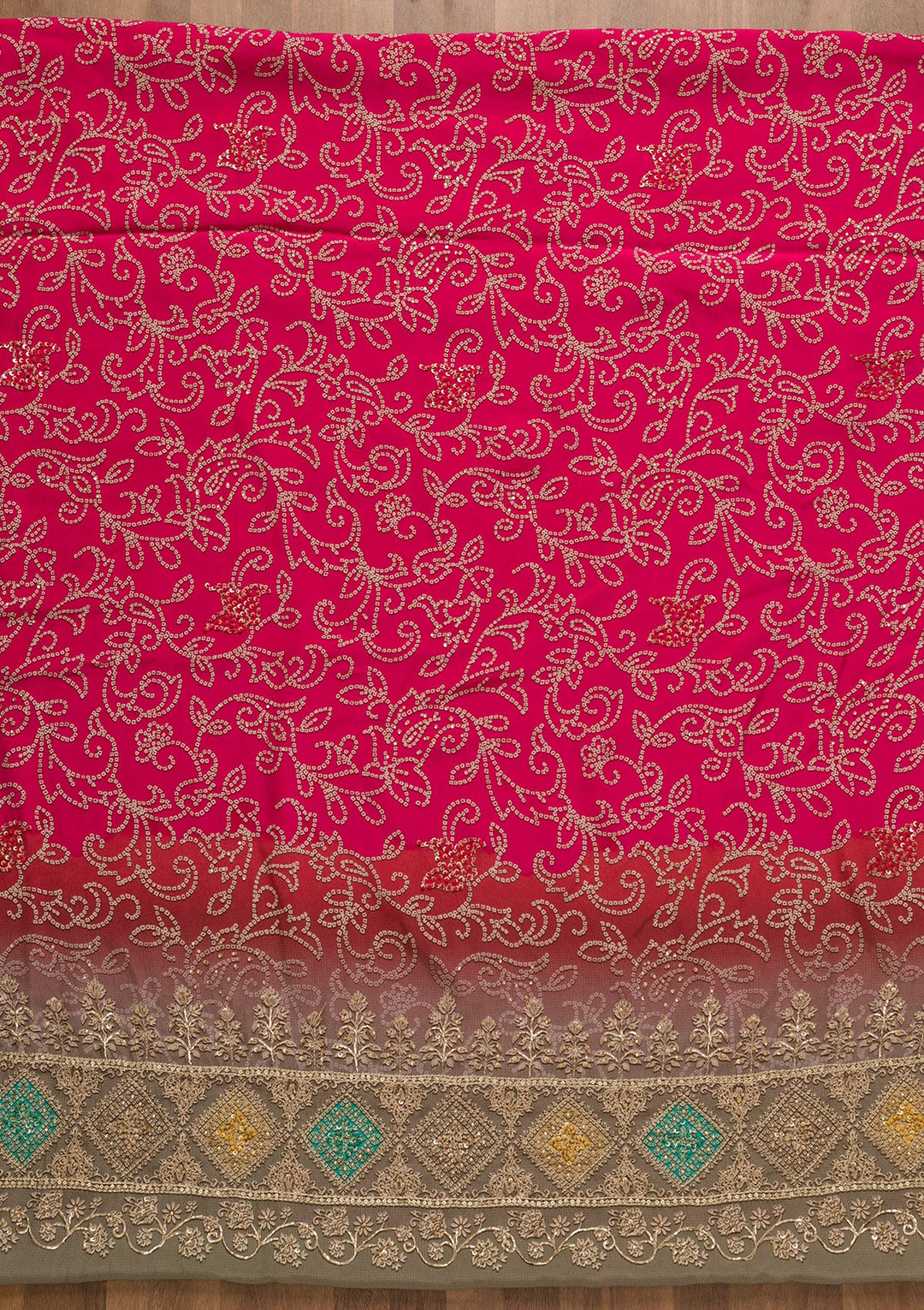 Rani Pink Bandhani Crepe Unstitched Salwar Kameez-Koskii