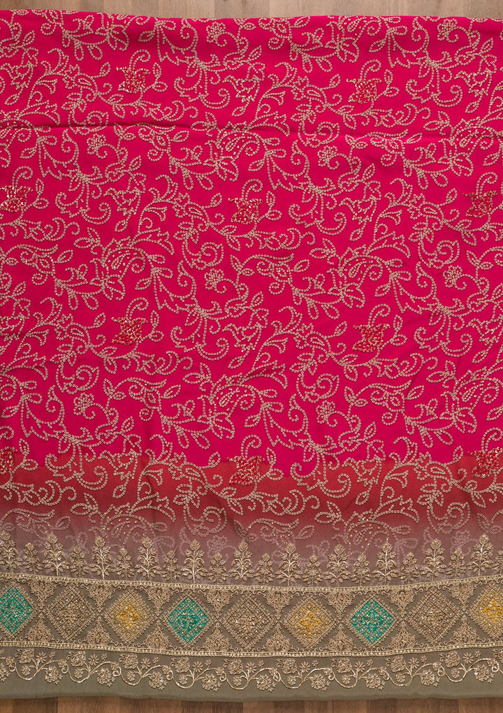 Rani Pink Bandhani Crepe Unstitched Salwar Kameez-Koskii