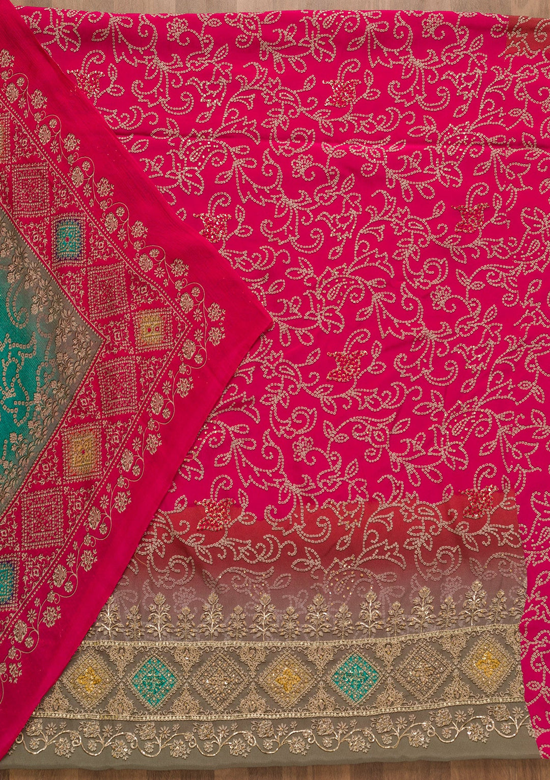 Rani Pink Bandhani Crepe Unstitched Salwar Kameez-Koskii