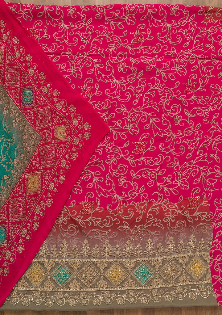 Rani Pink Bandhani Crepe Unstitched Salwar Kameez-Koskii